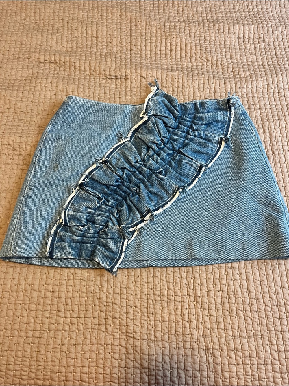 Zara Ruched Embellished Denim Mini Skirt - Blue